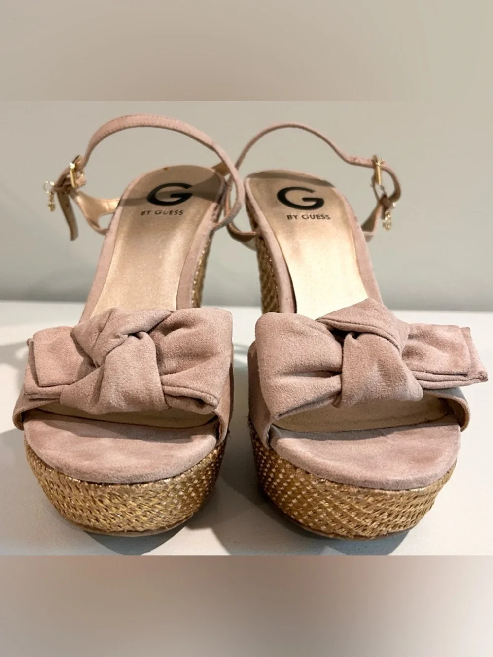 G by Guess Taupe Suede Bow Espadrille Platform Wedge Sandals 8.5